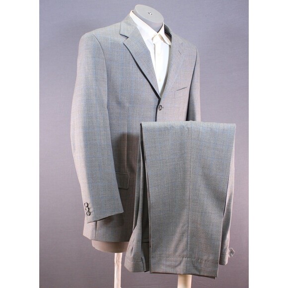 Giorgio Sanetti Men’s Gray 2 Piece Suit WIndowpane Wool Size 40L Pleated 34